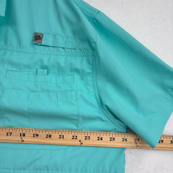 Reel Legends Button Up Shirt Mens XL Aqua Blue Short Sleeve Fishing Vented Back - Picture 10 of 11